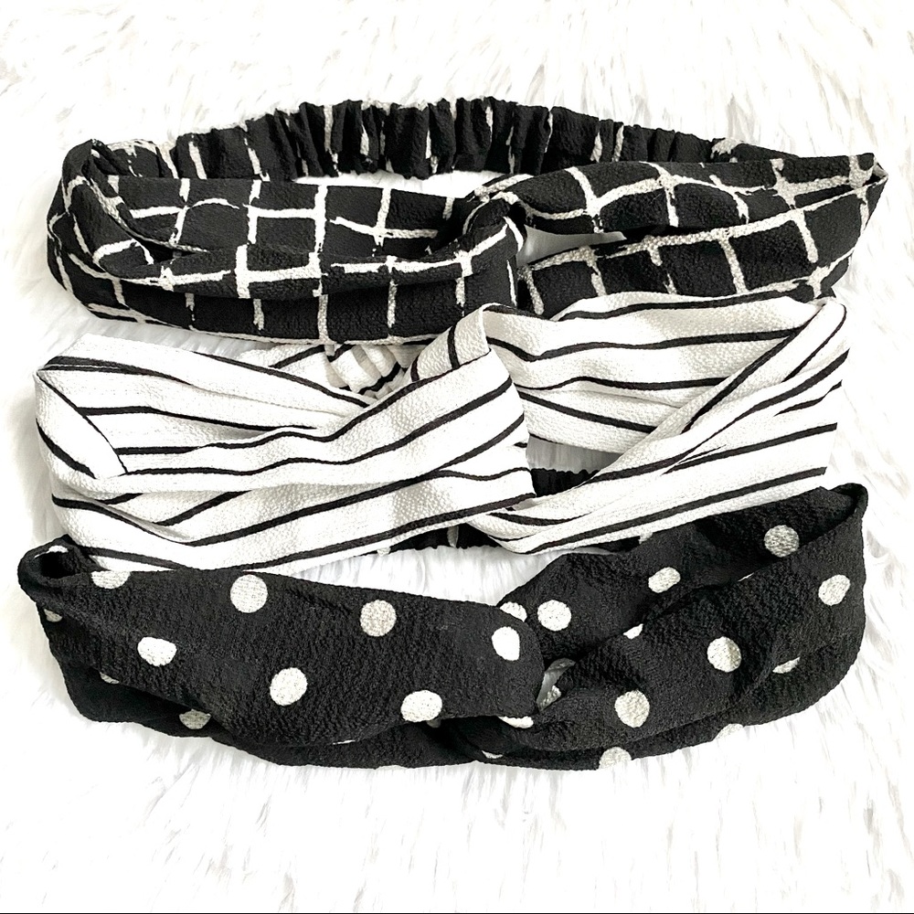 Set of 3 Black & White Striped Polka Dot Twist Front Headbands
